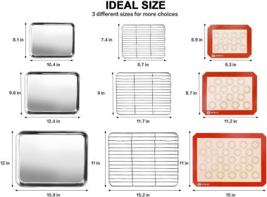 Stainless Steel Baking Sheet Tray Cooling Rack with Silicone Baking Mat Set, Cookie Pan with Cooling Rack, Set of 9 (3 Sheets + 3 Racks + 3 Mats)