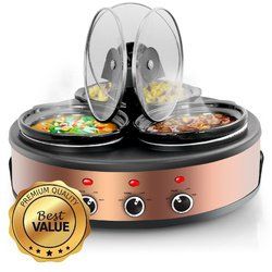 MegaChef Round Triple 1.5 Quart Slow Cooker and Buffet Server in Brushed Copper and Black Finish with 3 Ceramic Cooking Pots and Removable Lid Re